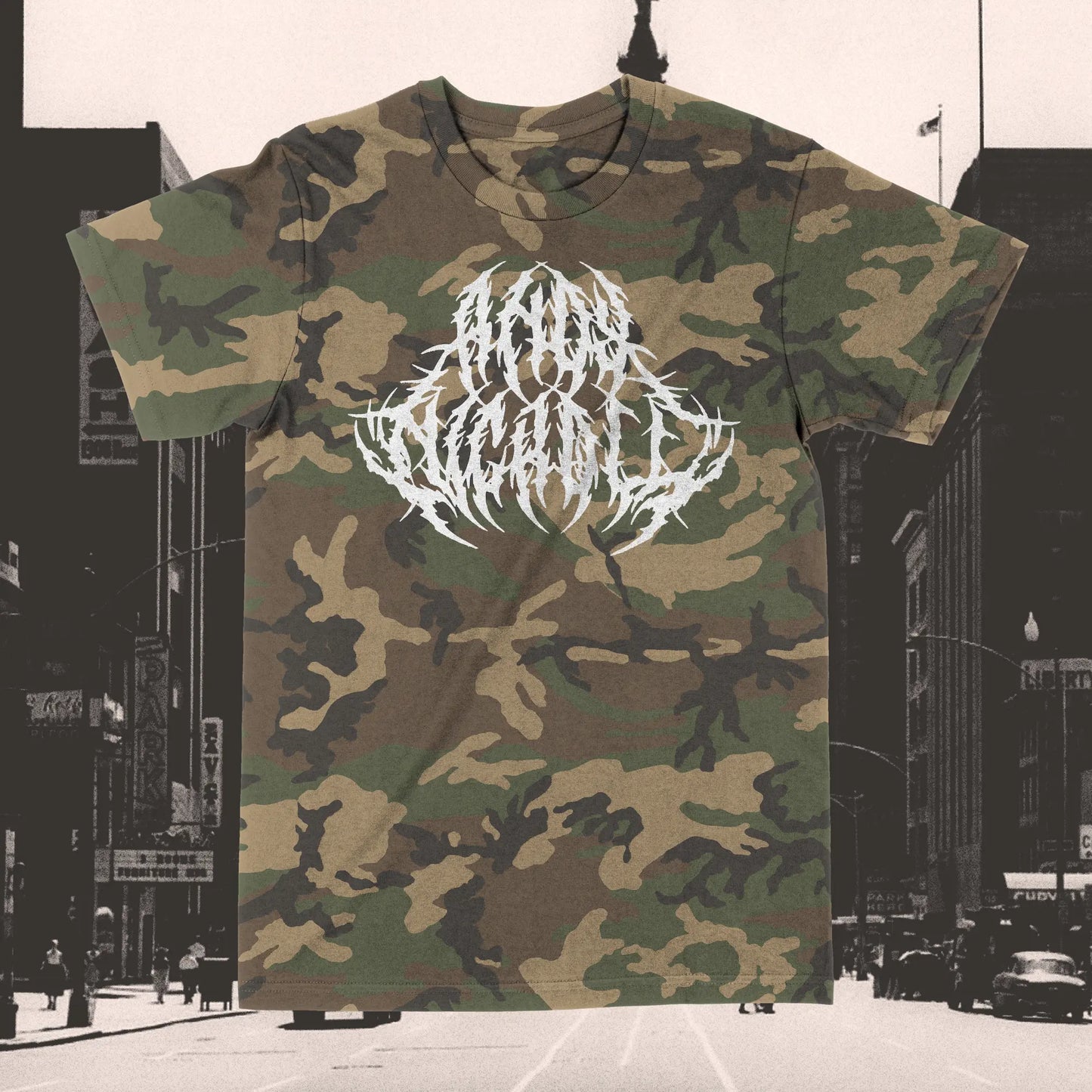 Camouflage t-shirt with white graphic design