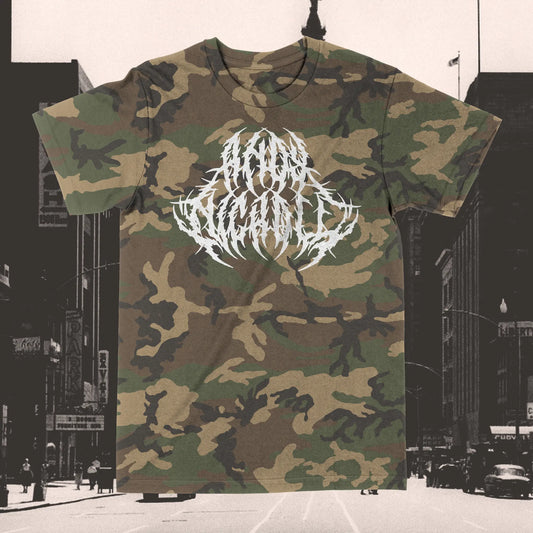 Camouflage t-shirt with white graphic design